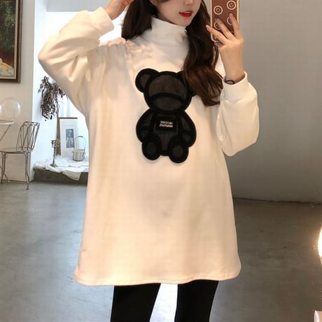 tシャツ ハイネック 裏起毛 クマちゃん ベアー トップス ゆったり プラスベルベット 長袖 レトロ 韓国ファッション レディース 大人可愛い ガーリー フェミニン DTC-659982367382