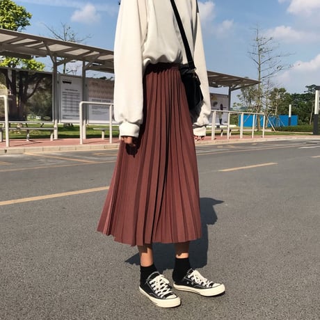レディース ロング丈 プリーツスカート ウエストゴム ハイウエスト インスタ映え ガーリー フェミニン 韓国ファッション (DCT-598616665733)