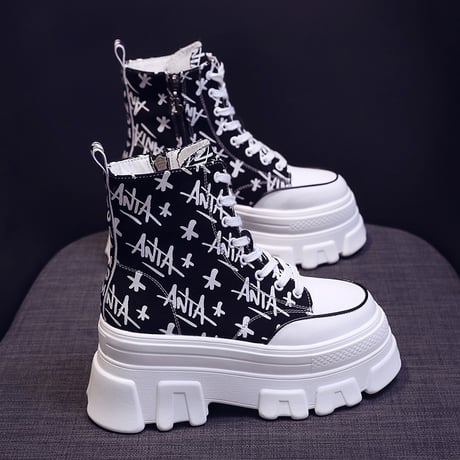 厚底 キャンバススニーカー ハイカット 22.5～24.5cm シューレース サイドファスナー 英字柄 ベーシック カジュアル 大人可愛い ガーリー DTC-650901386927