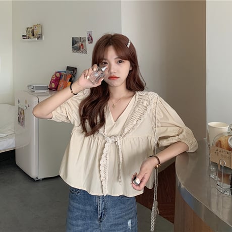 ブラウス レースショール Vネック トップス 韓国ファッション レディース ゆったり カットソー パフ袖 無地 大人可愛い ガーリー フェミニン DTC-621521099429