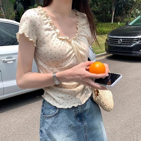 小花柄 ブラウス フリル リボン Tシャツ トップス ショート丈 スリムフィット レースアップ 半袖 レトロ 大人可愛い ガーリー カジュアル フェミニン DTCA-805742781968