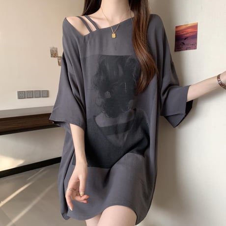 ワンショルダー Tシャツ オーバーサイズ トップス 半袖 肌見せ アシンメトリー レトロ 韓国ファッション レディース 大人可愛い ガーリー DTC-794701244884