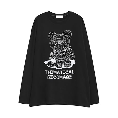 ユニセックス Tシャツ 長袖 ラインベアープリント クマちゃん ラウンドネック オーバーサイズ トップス 大きめ カジュアル ストリートファッション DTC-653486439224