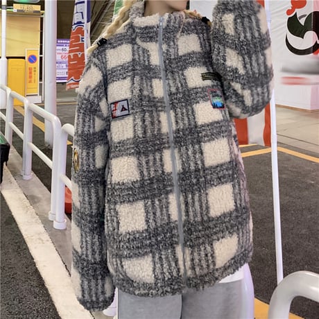 ユニセックス チェック柄 ボアジャケットもこもこ ラムウール ジップアップ 男女兼用 ショートコート ゆったり ボア カジュアル ストリート系 DTC-634195642983