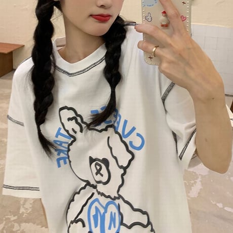 Tシャツ 半袖 クマちゃん ベアー ラウンドネック オーバーサイズ 韓国ファッション レディース 大きめ カジュアル ストリートファッション DTC-643069916522