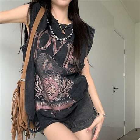 チェーンデザイン タンクトップ ダメージ加工 ウォッシュ加工 ヴィンテージ風 ノースリーブ tシャツ トップス オーバーサイズ レトロ カジュアル ストリート女子 DTCA-795943873261