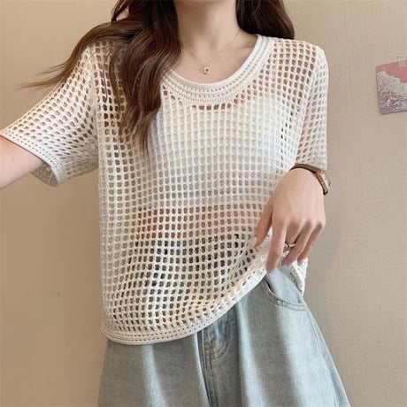 サマーニット メッシュ トップス プルオーバー tシャツ 透かし編み クルーネック ショート丈 レイヤードトップス 半袖 レトロ 大人可愛い ガーリー カジュアル DTCA-676945045996
