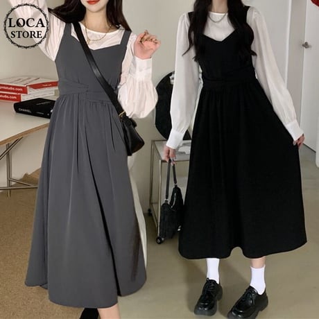 2点セット ブラウス Tシャツ ジャンパースカート ジャンスカ ハイウエスト 長袖 ルーズ セットアップ レトロ 韓国ファッション レディース 大人可愛い ガーリー DTC-662337447667