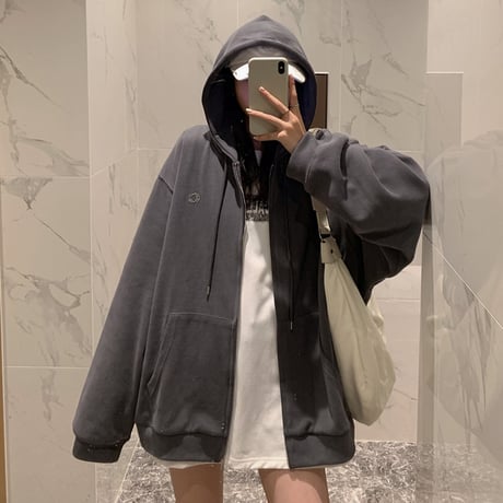 ジップアップ パーカー ワンポイント 韓国ファッション レディース トップス 長袖 カジュアル ストリートファッション DTC-638737949320