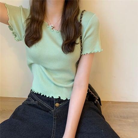 ウェーブヘム リブニット サマーニット Tシャツ 半袖 ラウンドネック トップス 韓国ファッション レディース カットソー シンプル 大人可愛い ガーリー DTC-639423318201