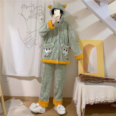 ルームウェア パジャマ セットアップ 耳付き クマ ベアー もこもこ ボア 上下セット 部屋着 寝間着 大人可愛い ガーリー DTC-657185962102