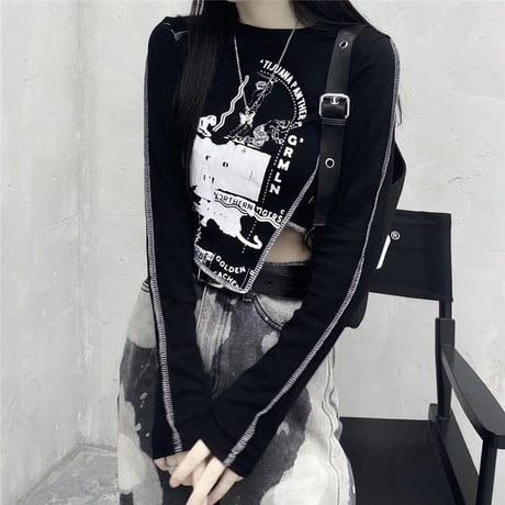 ロンT アシンメトリー ショート丈 スリムフィット 不規則デザイン アシメ tシャツ トップス 長袖 レトロ 大人可愛い ガーリー サブカル系 カジュアル DTCA-655976986014