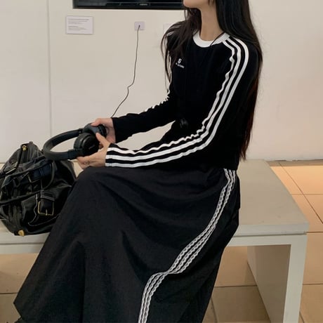 セットアップ サイドライン ロゴ トップス ロングスカート スリムフィット ロンT 長袖 レトロ 韓国ファッション レディース スポーツミックス カジュアル DTC-827098089125