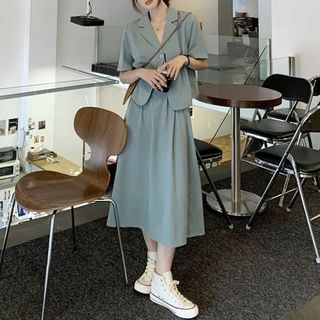セットアップ ショートジャケット ＋ ロングスカート 半袖 ハイウエスト 韓国ファッション レディース 上下セット ジャケット スカート 大人可愛い ガーリー DTC-647137554861