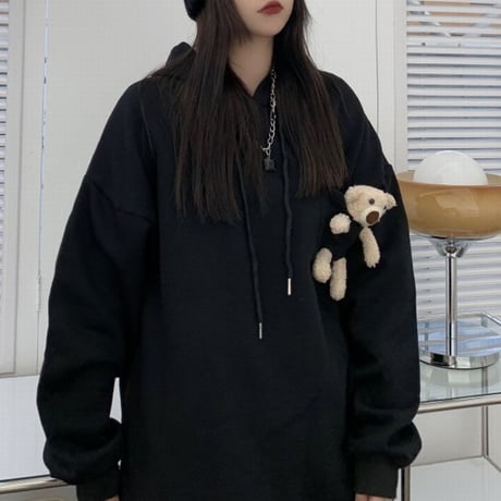ユニセックス パーカー クマのぬいぐるみ付き プルオーバー プラスベルベット 長袖 オーバーサイズ 韓国ファッション メンズ レディース カジュアル ストリート系 DTC-660128840646