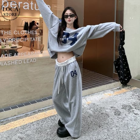 セットアップ 上下セット スウェット ナンバーロゴ トレーナー パンツ オーバーサイズ 長袖 レトロ 韓国ファッション レディース 大人可愛い ガーリー カジュアル DTC-819529018954
