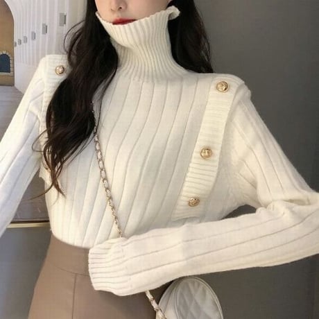 タートルネック リブニット プルオーバー 長袖 ニット レトロ 韓国ファッション レディース 大人可愛い ガーリー カジュアル DTC-656658948625
