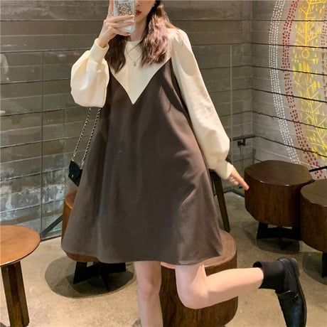 ワンピース フェイクレイヤード 長袖 ゆったり 韓国ファッション レディース ドッキングワンピース ラウンドネック 伸縮性ウエスト Aライン 大人可愛い ガーリー DTC-626497841493