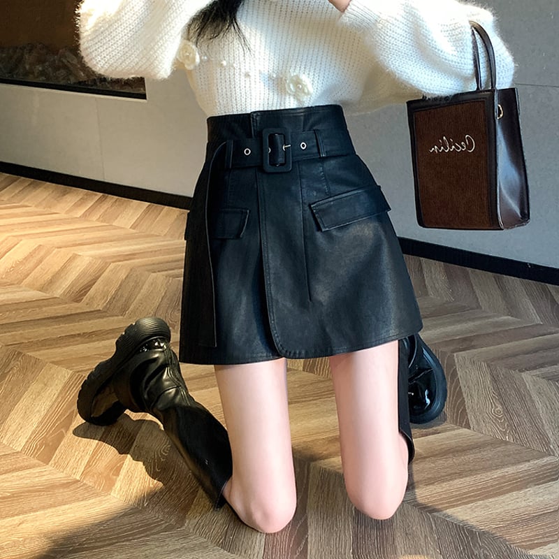 ラップ風 PUレザー スカート ミニスカート ハイウエスト スリム A