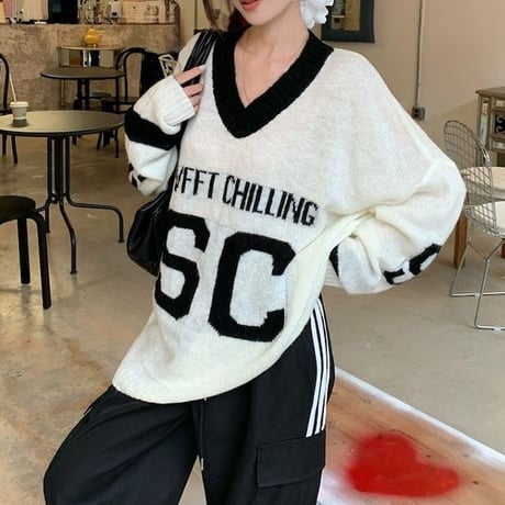 ニット トップス Vネック オーバーサイズ ドロップショルダー ルーズ 長袖 レトロ 韓国ファッション レディース 大人可愛い ガーリー スポーツミックス DTC-824100434464