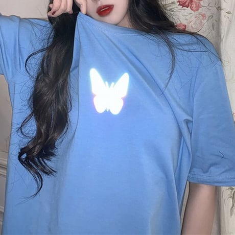 ユニセックス Tシャツ 反射光 バタフライ 半袖 ルーズ 韓国ファッション メンズ レディース トップス 大きめ カジュアル ストリートファッション DTC-617478923344