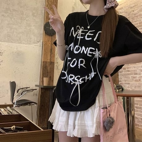 Tシャツ リボン 英字 オーバーサイズ トップス 半袖 スカート ティアードミニスカート フリル レトロ 韓国ファッション レディース 大人可愛い ガーリー DTC-789326173684