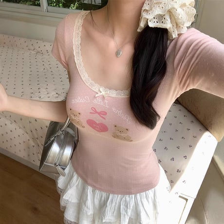 tシャツ ドット柄 クマちゃん リボン レース トップス Uネック スリムフィット スリムtシャツ 半袖 レトロ 大人可愛い ガーリー カジュアル DTCA-811944873611