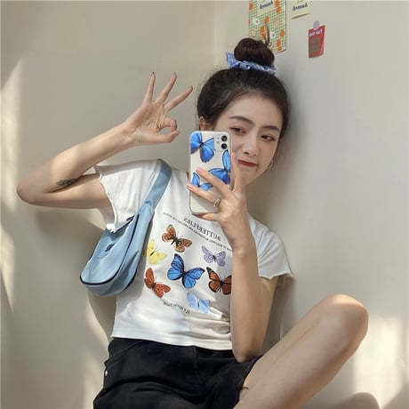 Tシャツ 半袖 袖切りっぱなし ショート丈 バタフライ 蝶 ホワイト 韓国ファッション レディース 大人可愛い ガーリー DTC-614247121002_wt