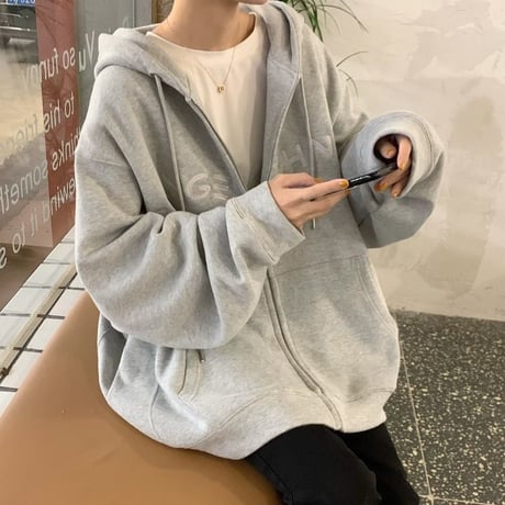 ジップアップ パーカー フーディー 薄手 ルーズ オーバーサイズ ゆったり 大きめ 長袖 レトロ カジュアル ストリート系ファッション ストリート女子 DTCA-647056396210
