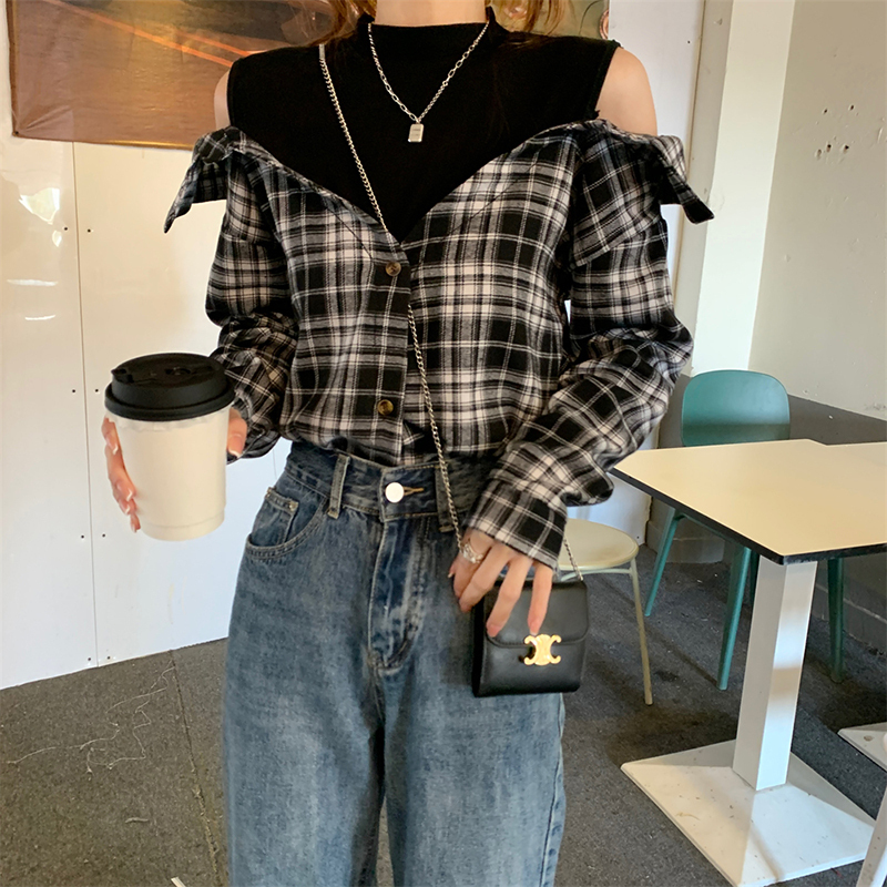 チェック柄 フェイクレイヤード ドッキングトップス チェックシャツ