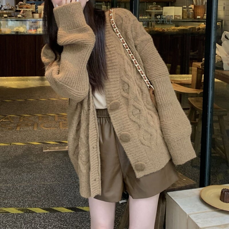 ケーブル編み カーディガン オーバーサイズ ニット Vネック 長袖