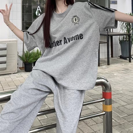 セットアップ サイドライン Tシャツ ワイドパンツ 半袖 ロゴ トップス スポーツミックス 上下セット レトロ 韓国ファッション レディース 大人可愛い ガーリー DTC-786931285601