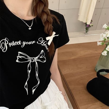 リボンプリント Tシャツ 半袖 クルーネック トップス レタープリント シンプル ルーズ レトロ 大人可愛い ガーリー カジュアル DTCA-775047425133