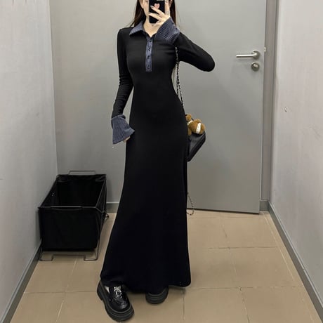 襟付き ニットワンピース スリムフィット  ロングワンピース ワンピース Aライン 長袖 レトロ 韓国ファッション レディース 大人可愛い ガーリー DTCA-868291827976