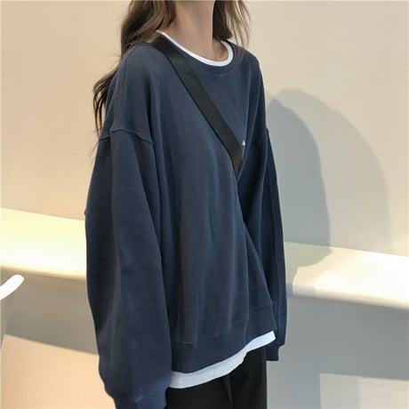 スウェット トレーナー 薄手 オーバーサイズ シンプル クルーネック プルオーバー ドロップショルダー ゆったり ルーズ 長袖 レトロ カジュアル DTCA-720643896669