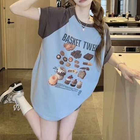 Tシャツ 半袖 グラフィックプリント バイカラー トップス 半袖Tシャツ クルーネック オーバーサイズ ルーズ ゆったり カジュアル 韓国ファッション レディース DTC-714620878650