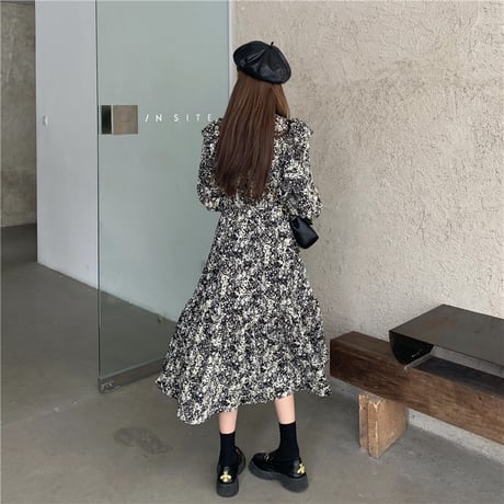 ワンピース クルーネック 長袖 Aライン ロング丈 ハイウエスト レトロ 韓国ファッション レディース 大人可愛い ガーリー フェミニン DTC-654404231190