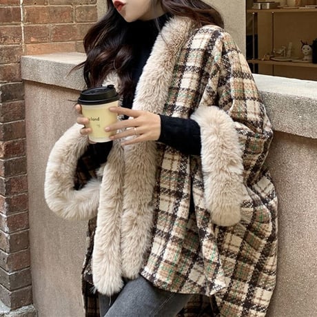 チェック柄 ファーケープコート ポンチョ ラビットファー もこもこ オーバーサイズ ゆったり 韓国ファッション レディース 大人可愛い ガーリー フェミニン DTC-664893699333