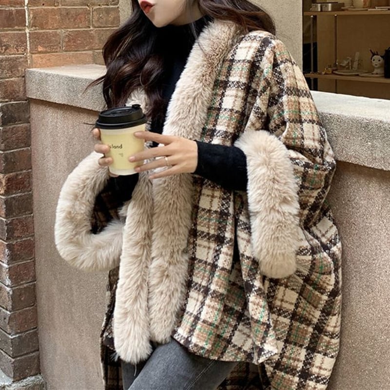 チェック柄 ファーケープコート ポンチョ ラビットファー もこもこ
