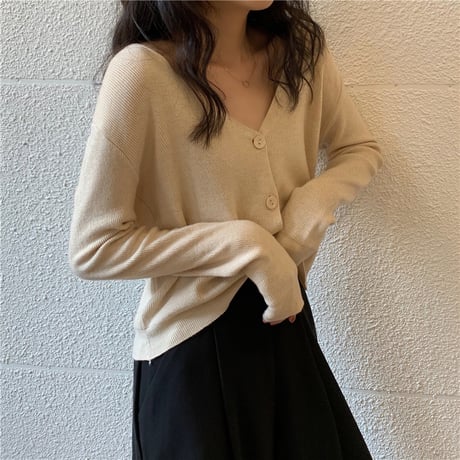 ニットカーディガン Vネック 薄手 シンプル トップス ショート丈 長袖 レトロ 韓国ファッション レディース 大人可愛い ガーリー カジュアル DTC-623854122742
