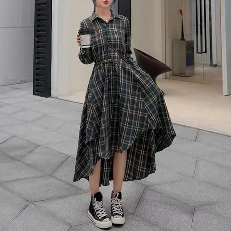 チェック柄 シャツワンピース イレギュラーヘム Aライン ハイウエスト ロングワンピース 不規則 ルーズ 長袖 レトロ 大人可愛い ガーリー カジュアル DTCA-679117868981