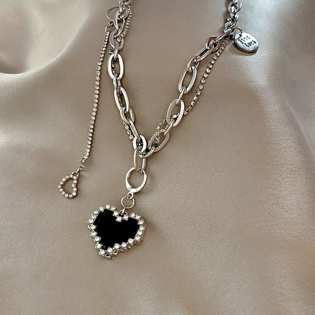 ハートネックレス 太チェーン ラインストーン 金属アレルギー対応 ハート ジルコン ネックレス アクセサリー チタンスチール 韓国アクセサリー 韓国ファッション DTC-672751439463
