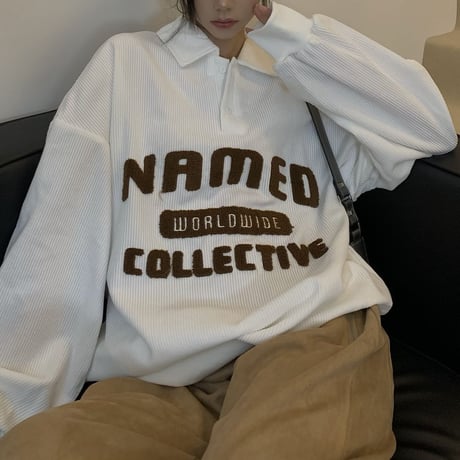 コーデュロイ トップス プルオーバー 襟付き ボアロゴ 長袖 レトロ 韓国ファッション レディース カジュアル ストリート系ファッション DTC-656796001733