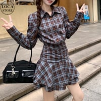 襟付き リボンチェック柄 シャツワンピース ウエストマーク ミニワンピース ハイウエスト 長袖 レトロ 韓国ファッション レディース 大人可愛い ガーリー DTC-833062826352