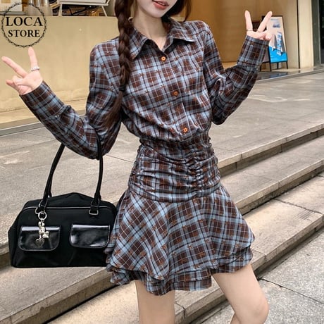 襟付き リボンチェック柄 シャツワンピース ウエストマーク ミニワンピース ハイウエスト 長袖 レトロ 韓国ファッション レディース 大人可愛い ガーリー DTC-833062826352