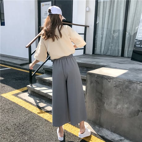 レディース ワイドパンツ ガウチョパンツ ハイウエスト ウエストリボン パンツ ボトムス 韓国ファッション オルチャン (DCT-576943177093)