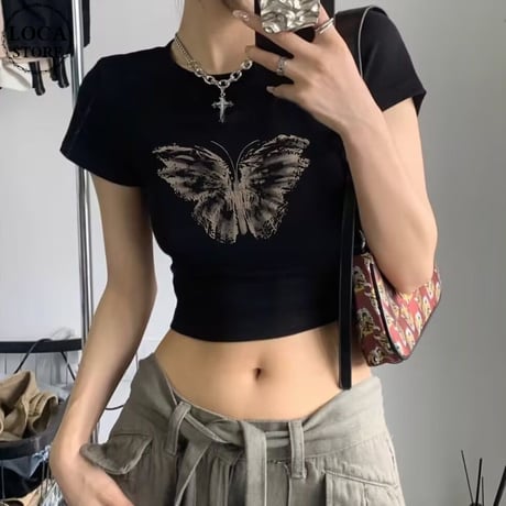 tシャツ バタフライ柄 クロップド丈 ショート丈 スリムフィット トップス スリムトップス 半袖 レトロ 大人可愛い ガーリー カジュアル ストリート女子 DTCA-763444372549