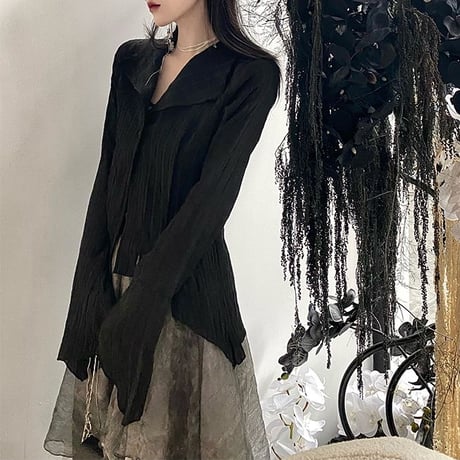 ブラウス 不規則デザイン フレアスリーブ ストライプ柄 スリム シャツ トップス ショート丈 長袖 レトロ 韓国ファッション レディース 大人可愛い ガーリー DTCA-714875873808