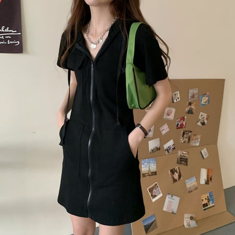 【3カラー】 パーカーワンピース ポケット付き 半袖 フード付き ミニワンピース ジップアップ レトロ 韓国ファッション レディース 大人可愛い ガーリー カジュアル DTC-638357573828