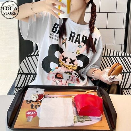 ユニセックス Tシャツ BADRABBIT ウサギ ラビット 半袖 オーバーサイズ カジュアル 韓国ファッション メンズ レディース 韓国ストリートファッション DTC-715001635392